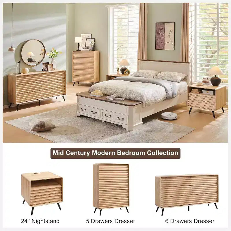 Comò a 5 cassetti, cassettiera alta 122 cm in legno scanalato stile moderno di metà secolo con gambe affusolate per camera da letto, soggiorno, corridoio e ripostiglio