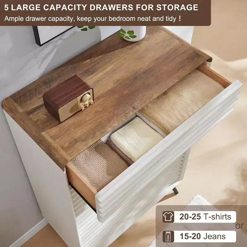 5 Drawers Dresser, 48 Tall Mid Century Modern Fluted Wood Chest with Tapered Legs for Bedroom, Living Room, Hallway & Closet