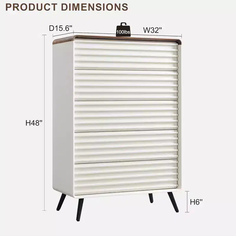 Comò a 5 cassetti, cassettiera alta 122 cm in legno scanalato stile moderno di metà secolo con gambe affusolate per camera da letto, soggiorno, corridoio e ripostiglio