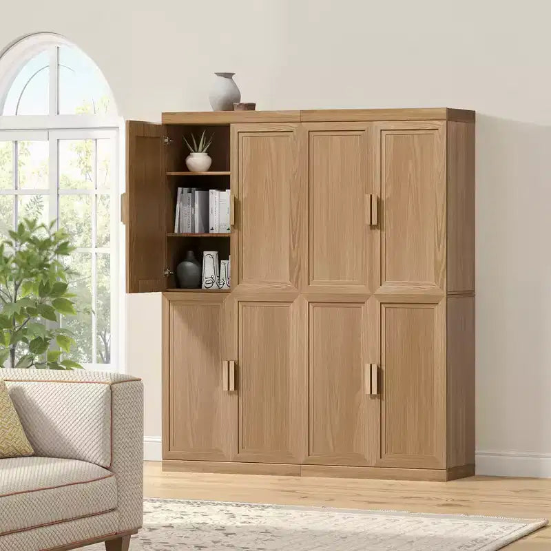 72x62x16 Wood Accent Cabinet in Natural Color, Storage Organizer with Adjustable Shelves for Kitchen Bedroom Entryway Living Room Dinning Room