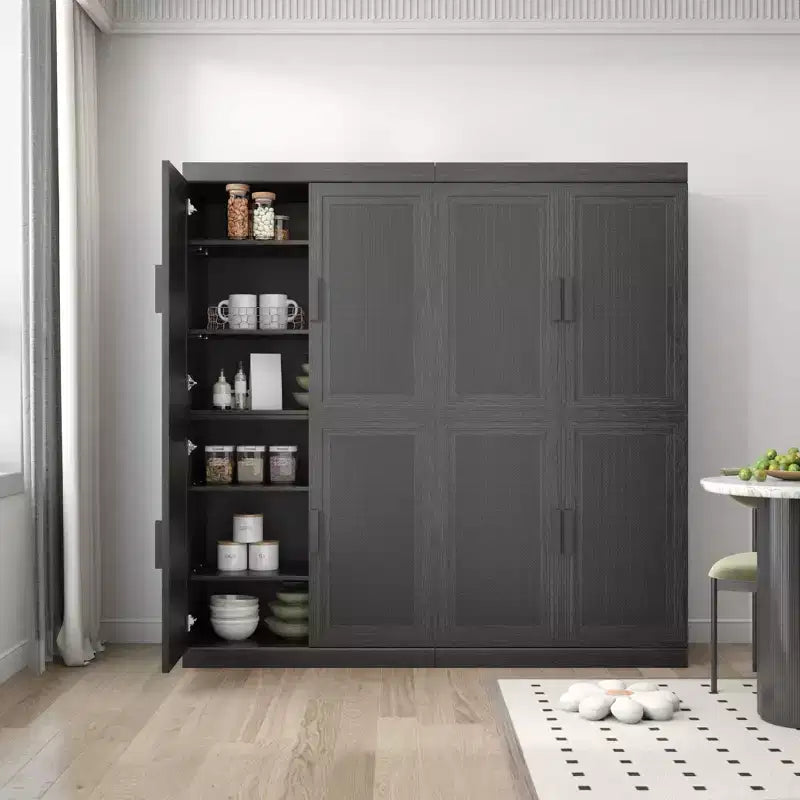 62x62x16 Wood Grain Buffet Cabinet in Black, Storage Organizer with Adjustable Shelves and Rattan Doors for Kitchen Bedroom Living/Dinning Room