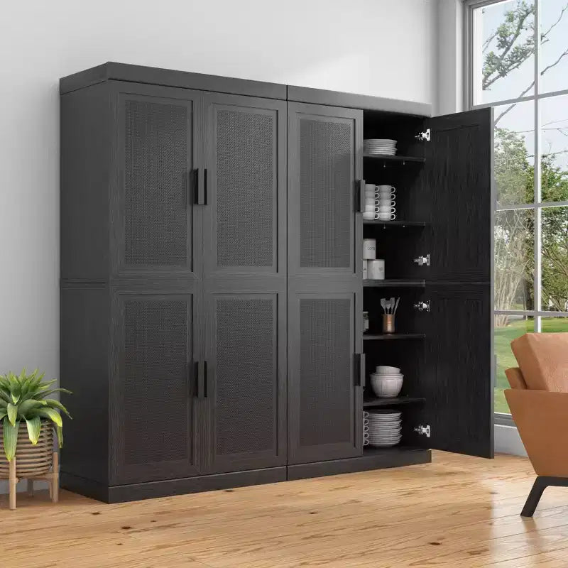 62x62x16 Wood Grain Buffet Cabinet in Black, Storage Organizer with Adjustable Shelves and Rattan Doors for Kitchen Bedroom Living/Dinning Room
