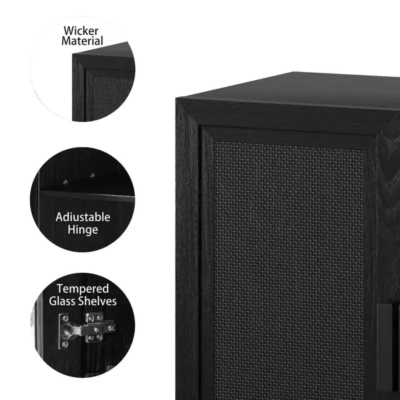 62x62x16 Wood Grain Buffet Cabinet in Black, Storage Organizer with Adjustable Shelves and Rattan Doors for Kitchen Bedroom Living/Dinning Room