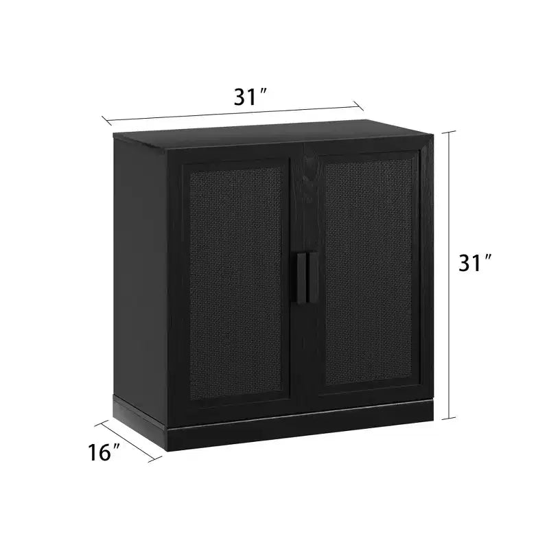 62x62x16 Wood Grain Buffet Cabinet in Black, Storage Organizer with Adjustable Shelves and Rattan Doors for Kitchen Bedroom Living/Dinning Room