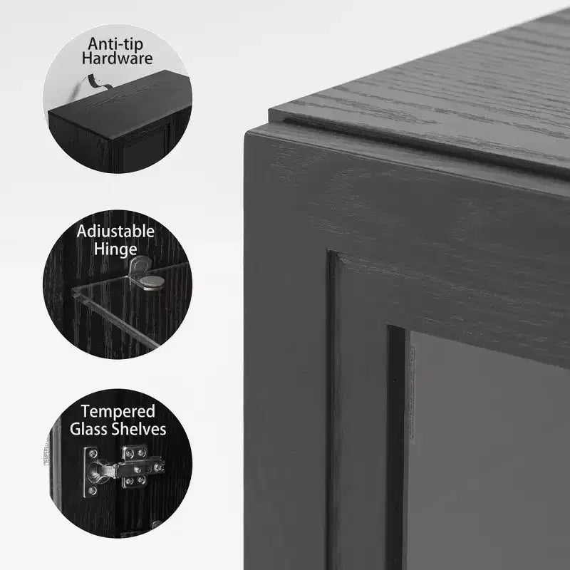 62x62x16 Wood Grain Buffet Cabinet in Black, Storage Organizer with Adjustable Shelves and Rattan Doors for Kitchen Bedroom Living/Dinning Room