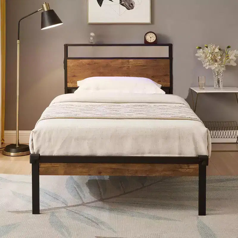 Twin Size Metal Platform Bed Frame with Wooden Headboard and Footboard,Modern Bed Frame with USB Liner for Bedroom,Black+Brown