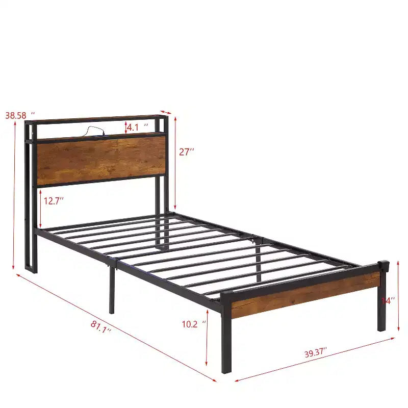 Twin Size Metal Platform Bed Frame with Wooden Headboard and Footboard,Modern Bed Frame with USB Liner for Bedroom,Black+Brown