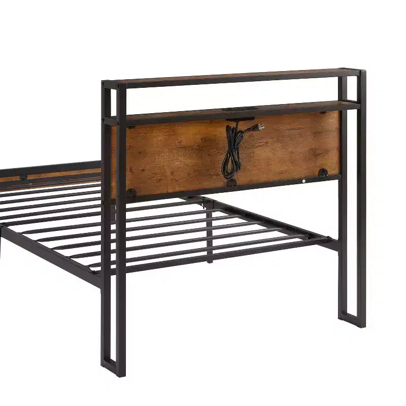 Twin Size Metal Platform Bed Frame with Wooden Headboard and Footboard,Modern Bed Frame with USB Liner for Bedroom,Black+Brown