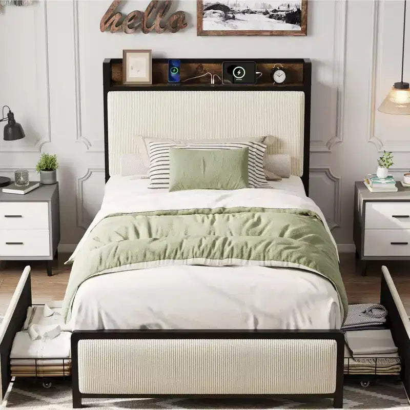Twin Size Bed Frame with 2 Storage Drawers and Charging Station, Rustic Velvet Upholstered Platform Bedframe with Storage Headboard