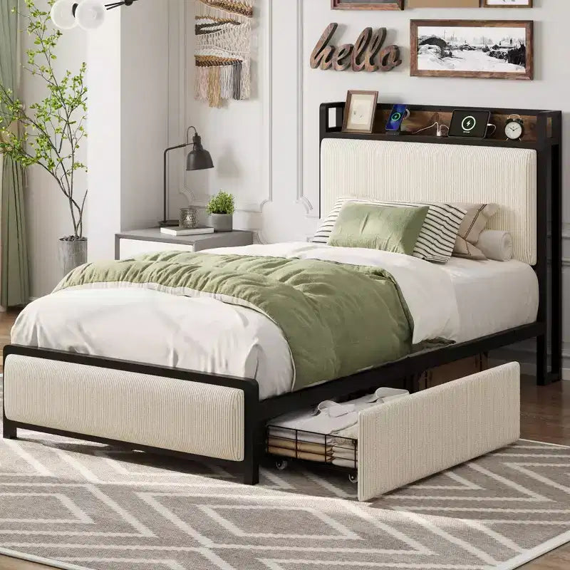 Twin Size Bed Frame with 2 Storage Drawers and Charging Station, Rustic Velvet Upholstered Platform Bedframe with Storage Headboard