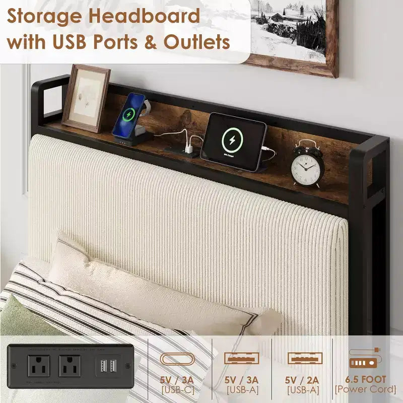 Twin Size Bed Frame with 2 Storage Drawers and Charging Station, Rustic Velvet Upholstered Platform Bedframe with Storage Headboard