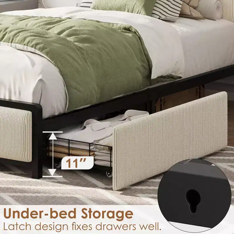Twin Size Bed Frame with 2 Storage Drawers and Charging Station, Rustic Velvet Upholstered Platform Bedframe with Storage Headboard