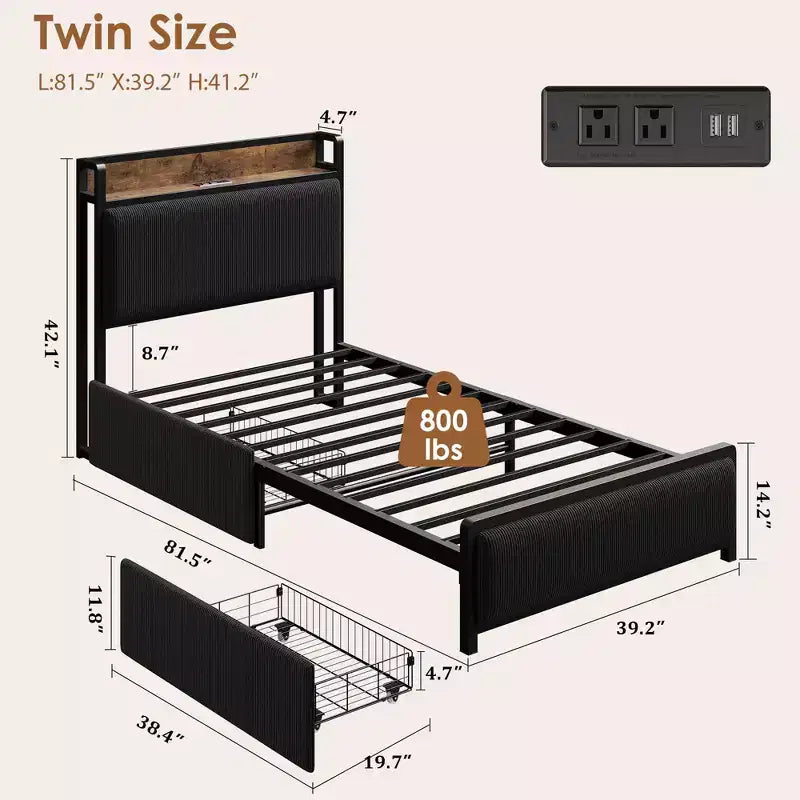 Twin Size Bed Frame with 2 Storage Drawers and Charging Station, Rustic Velvet Upholstered Platform Bedframe with Storage Headboard