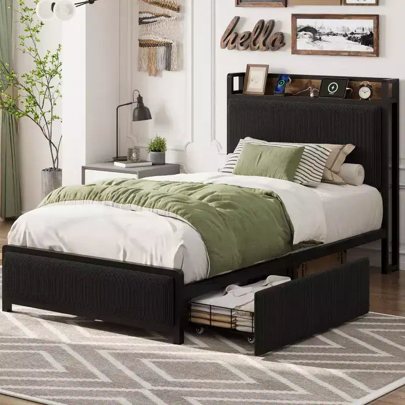 Twin Size Bed Frame with 2 Storage Drawers and Charging Station, Rustic Velvet Upholstered Platform Bedframe with Storage Headboard