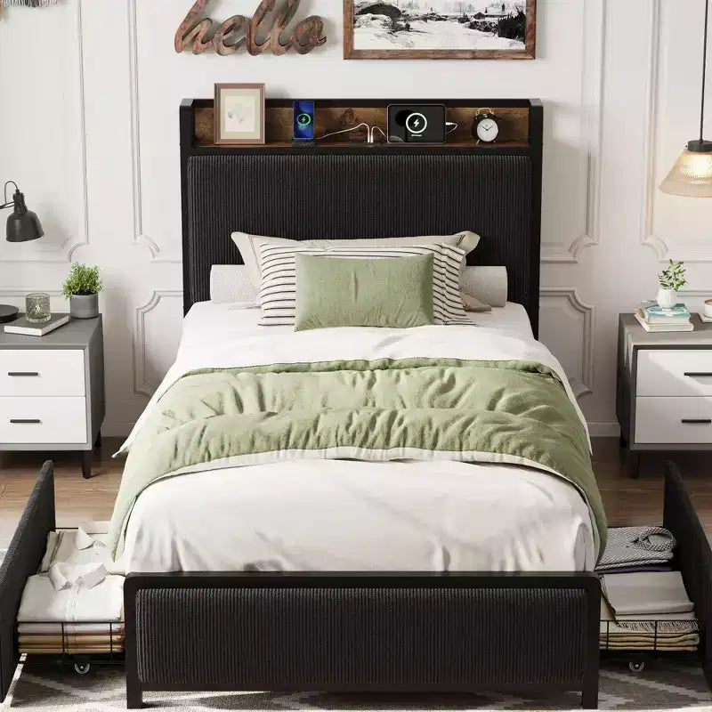 Twin Size Bed Frame with 2 Storage Drawers and Charging Station, Rustic Velvet Upholstered Platform Bedframe with Storage Headboard