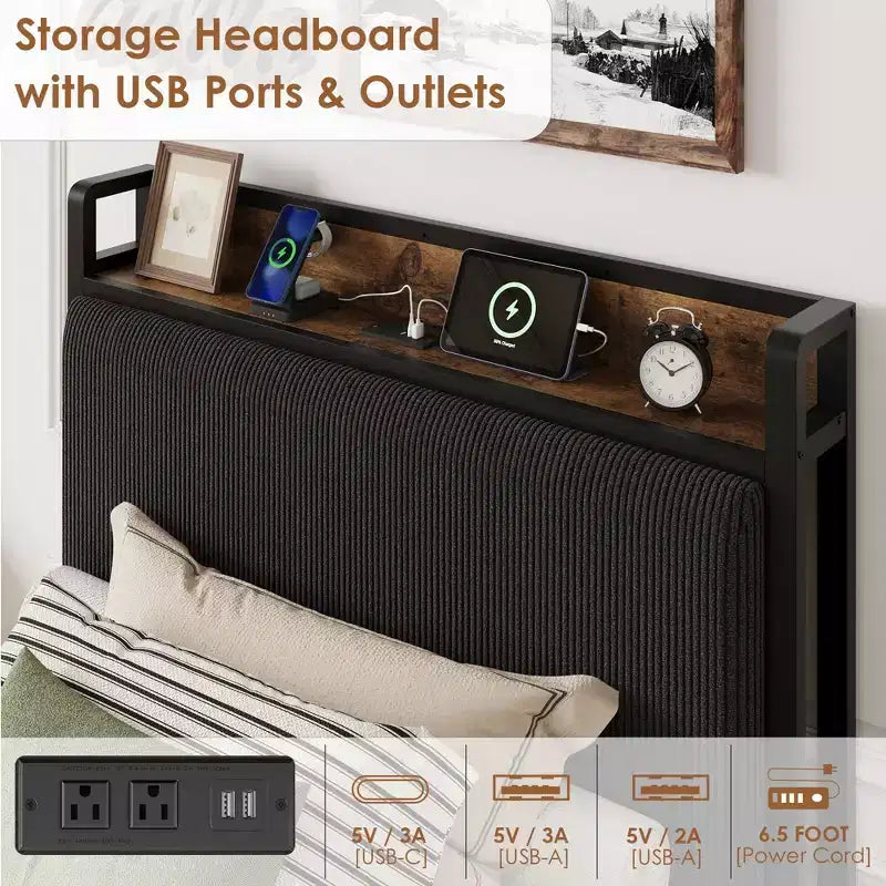 Twin Size Bed Frame with 2 Storage Drawers and Charging Station, Rustic Velvet Upholstered Platform Bedframe with Storage Headboard