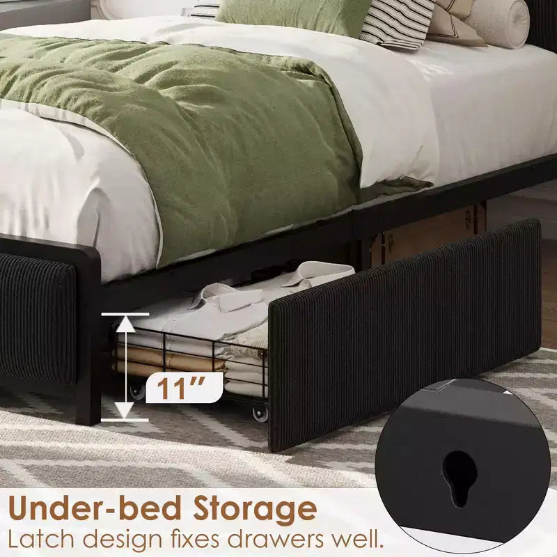 Twin Size Bed Frame with 2 Storage Drawers and Charging Station, Rustic Velvet Upholstered Platform Bedframe with Storage Headboard