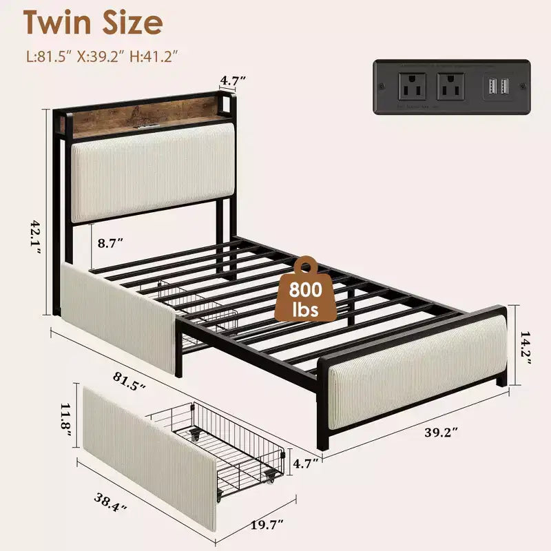 Twin Size Bed Frame with 2 Storage Drawers and Charging Station, Rustic Velvet Upholstered Platform Bedframe with Storage Headboard