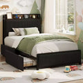 Twin Size Bed Frame with 2 Storage Drawers and Charging Station, Rustic Velvet Upholstered Platform Bedframe with Storage Headboard
