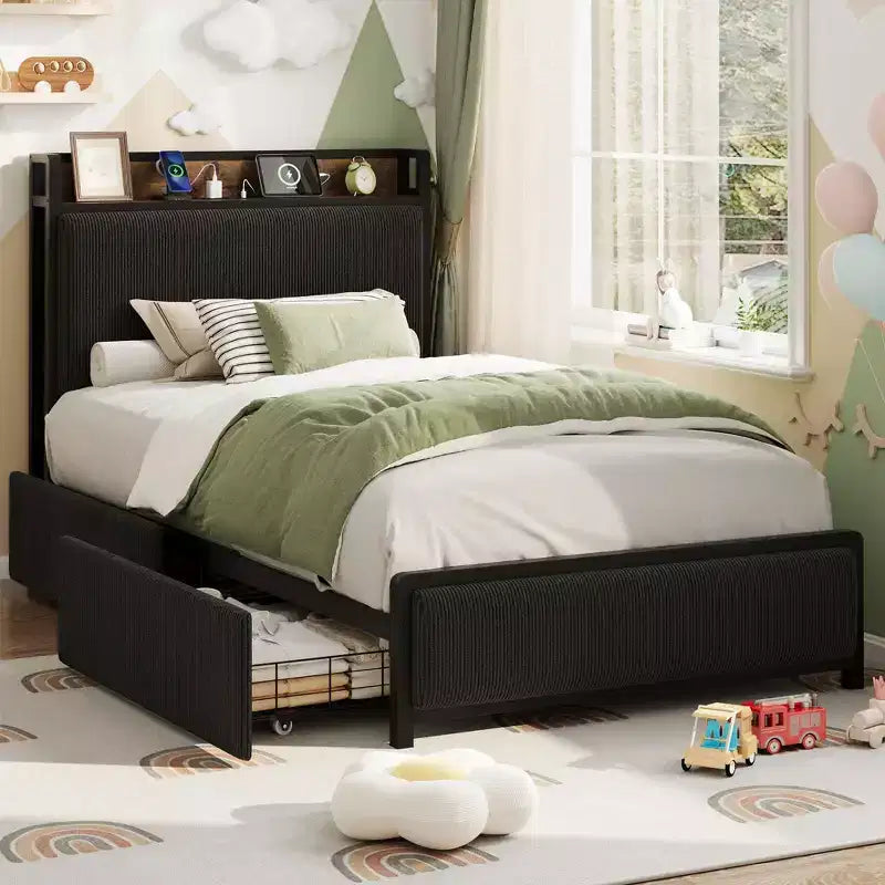 Twin Size Bed Frame with 2 Storage Drawers and Charging Station, Rustic Velvet Upholstered Platform Bedframe with Storage Headboard