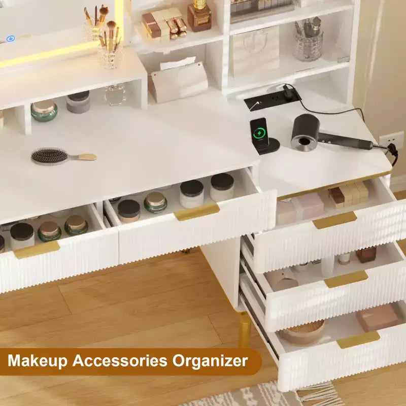 Makeup Vanity Desk with Lights, 24-Inch HD Lighted Mirror, 5 Drawers, Power Outlet & USB Ports, Fluted Dressing Table with Storage Shelf, White