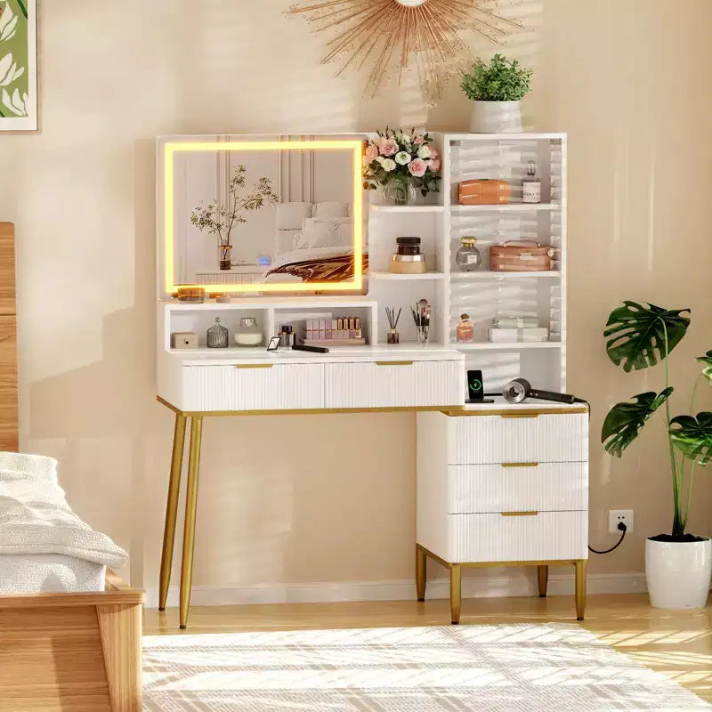 Makeup Vanity Desk with Lights, 24-Inch HD Lighted Mirror, 5 Drawers, Power Outlet & USB Ports, Fluted Dressing Table with Storage Shelf, White