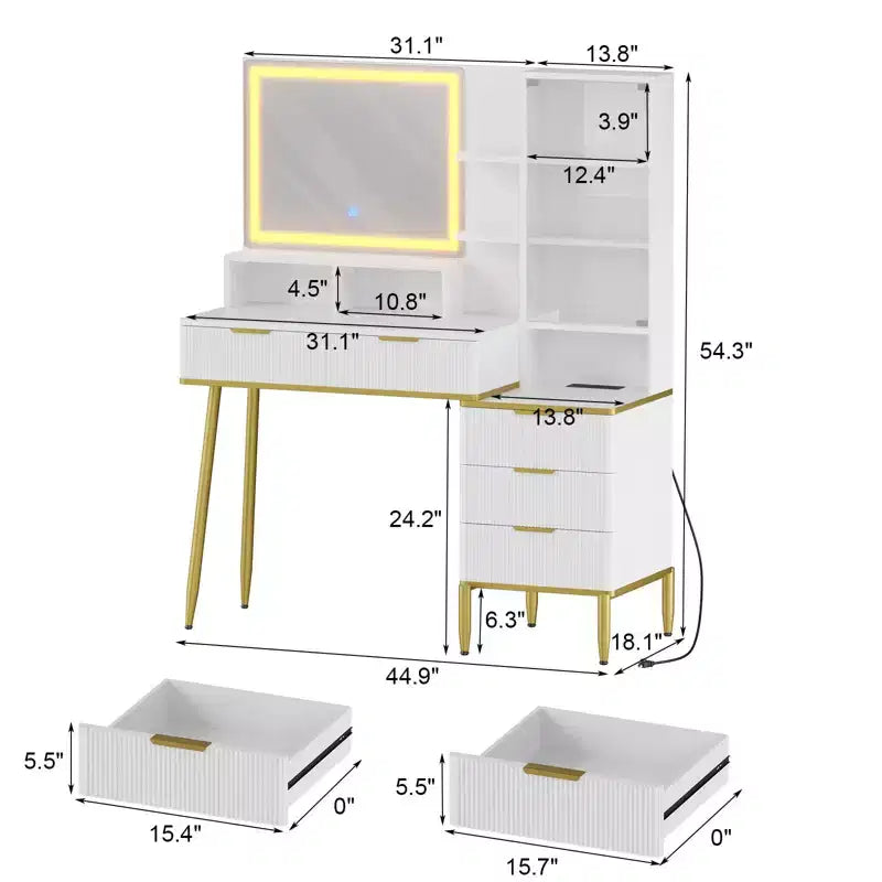 Makeup Vanity Desk with Lights, 24-Inch HD Lighted Mirror, 5 Drawers, Power Outlet & USB Ports, Fluted Dressing Table with Storage Shelf, White