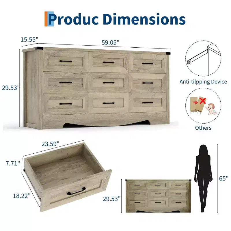 Comò a 9 cassetti, comò in legno da 150 cm in stile rustico, mobile contenitore alto moderno di metà secolo con sistema antiribaltamento per camera da letto, soggiorno, cabina armadio