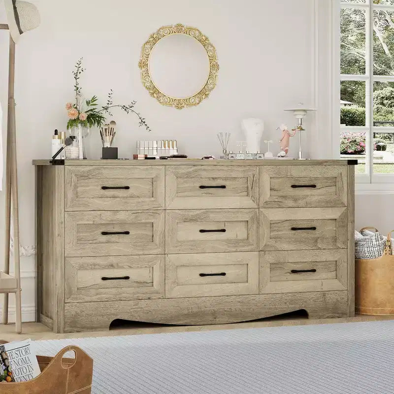 Comò a 9 cassetti, comò in legno da 150 cm in stile rustico, mobile contenitore alto moderno di metà secolo con sistema antiribaltamento per camera da letto, soggiorno, cabina armadio