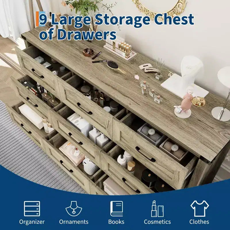 Comò a 9 cassetti, comò in legno da 150 cm in stile rustico, mobile contenitore alto moderno di metà secolo con sistema antiribaltamento per camera da letto, soggiorno, cabina armadio