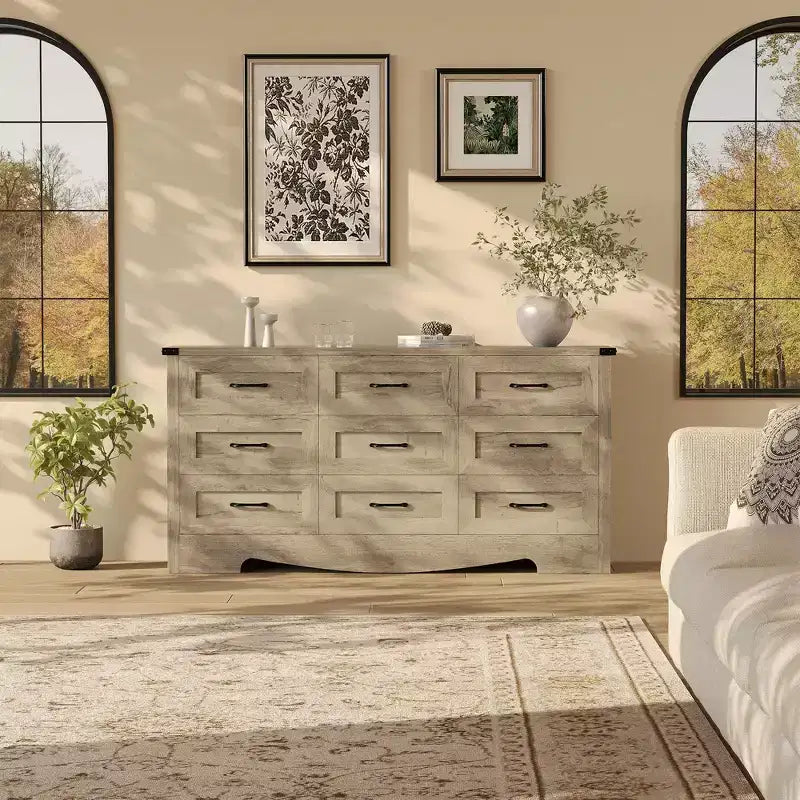 Comò a 9 cassetti, comò in legno da 150 cm in stile rustico, mobile contenitore alto moderno di metà secolo con sistema antiribaltamento per camera da letto, soggiorno, cabina armadio