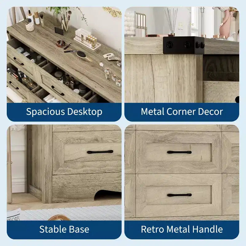 Comò a 9 cassetti, comò in legno da 150 cm in stile rustico, mobile contenitore alto moderno di metà secolo con sistema antiribaltamento per camera da letto, soggiorno, cabina armadio