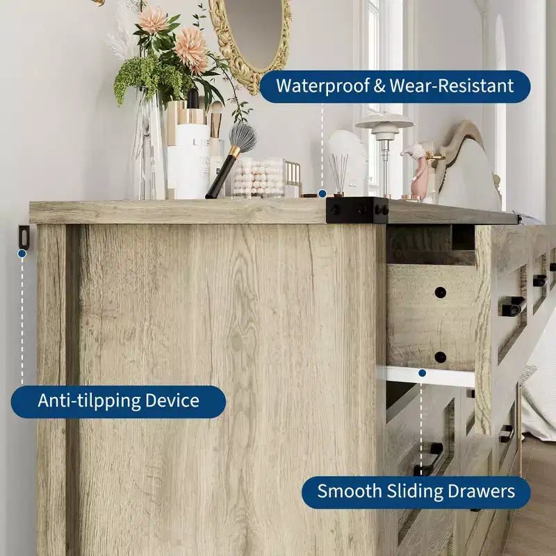 Comò a 9 cassetti, comò in legno da 150 cm in stile rustico, mobile contenitore alto moderno di metà secolo con sistema antiribaltamento per camera da letto, soggiorno, cabina armadio