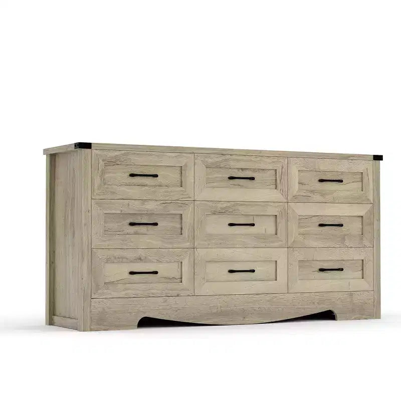 Comò a 9 cassetti, comò in legno da 150 cm in stile rustico, mobile contenitore alto moderno di metà secolo con sistema antiribaltamento per camera da letto, soggiorno, cabina armadio
