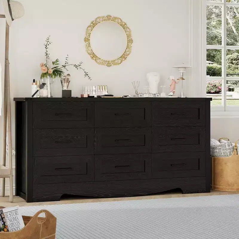 Comò a 9 cassetti, comò in legno da 150 cm in stile rustico, mobile contenitore alto moderno di metà secolo con sistema antiribaltamento per camera da letto, soggiorno, cabina armadio