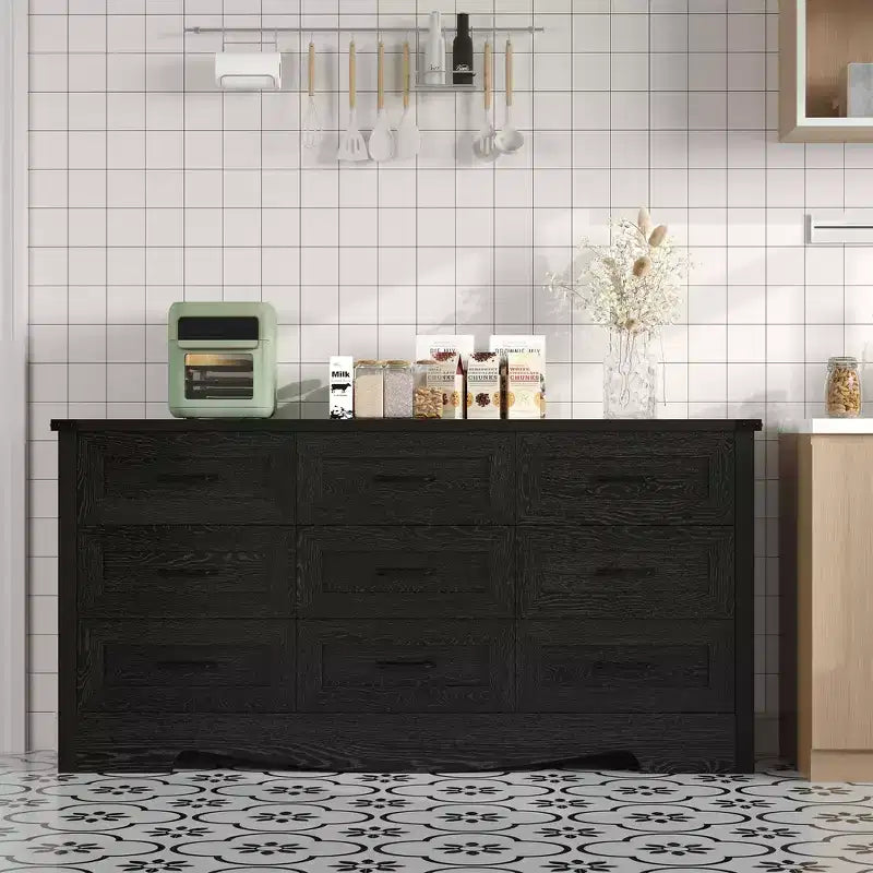 Comò a 9 cassetti, comò in legno da 150 cm in stile rustico, mobile contenitore alto moderno di metà secolo con sistema antiribaltamento per camera da letto, soggiorno, cabina armadio