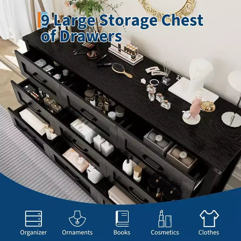 Comò a 9 cassetti, comò in legno da 150 cm in stile rustico, mobile contenitore alto moderno di metà secolo con sistema antiribaltamento per camera da letto, soggiorno, cabina armadio