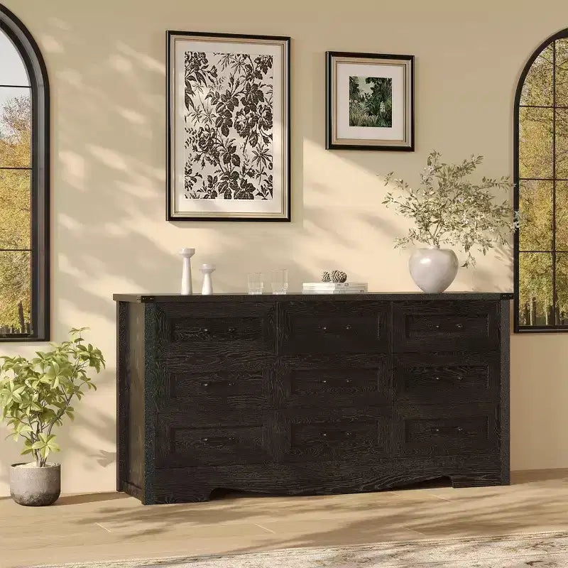 Comò a 9 cassetti, comò in legno da 150 cm in stile rustico, mobile contenitore alto moderno di metà secolo con sistema antiribaltamento per camera da letto, soggiorno, cabina armadio