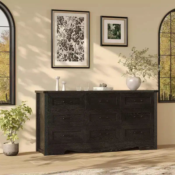 Comò a 9 cassetti, comò in legno da 150 cm in stile rustico, mobile contenitore alto moderno di metà secolo con sistema antiribaltamento per camera da letto, soggiorno, cabina armadio
