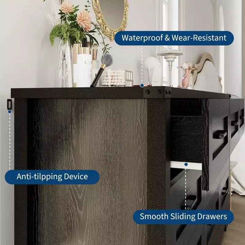 Comò a 9 cassetti, comò in legno da 150 cm in stile rustico, mobile contenitore alto moderno di metà secolo con sistema antiribaltamento per camera da letto, soggiorno, cabina armadio