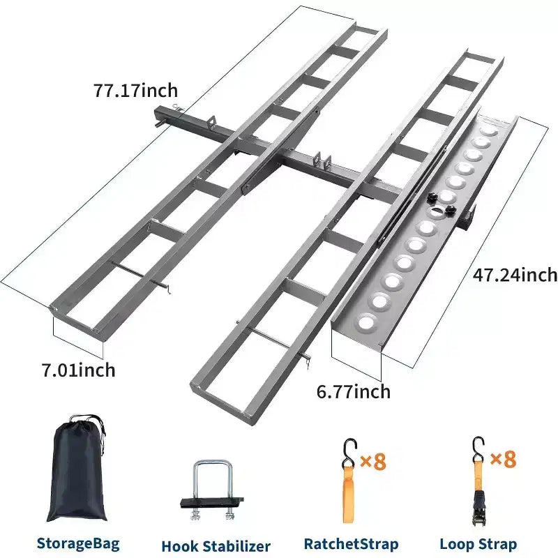 Ultra-Duty 600lbs Motorcycle Hitch Carrier Rack Arched Non-Slip Ramp, Anti-Wobble Stabilizer, Quick-Connect, Fits 2 Hitch, 8 Tie-Down Kits