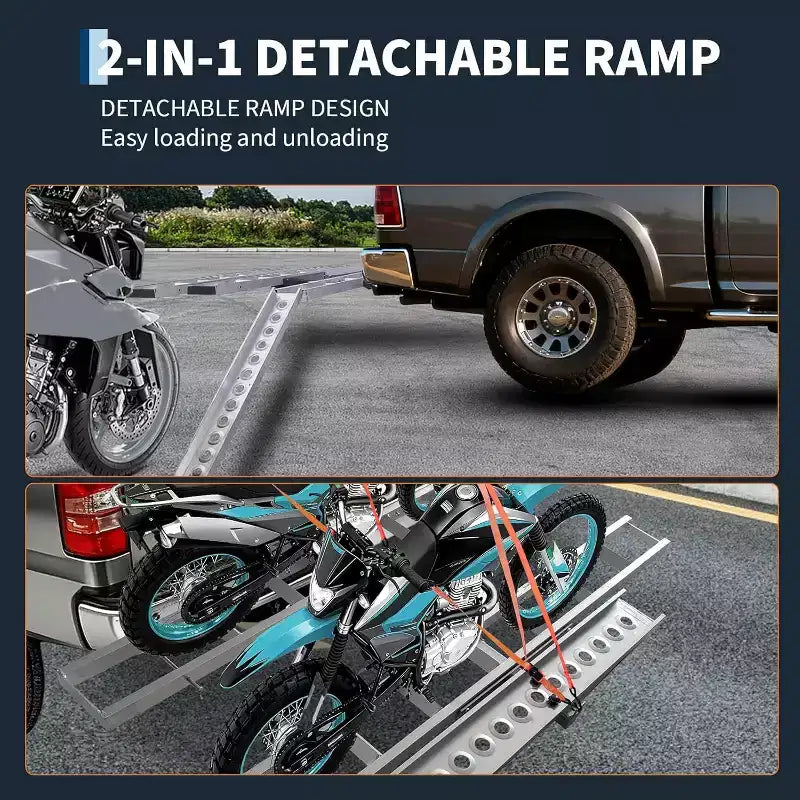 Ultra-Duty 600lbs Motorcycle Hitch Carrier Rack Arched Non-Slip Ramp, Anti-Wobble Stabilizer, Quick-Connect, Fits 2 Hitch, 8 Tie-Down Kits
