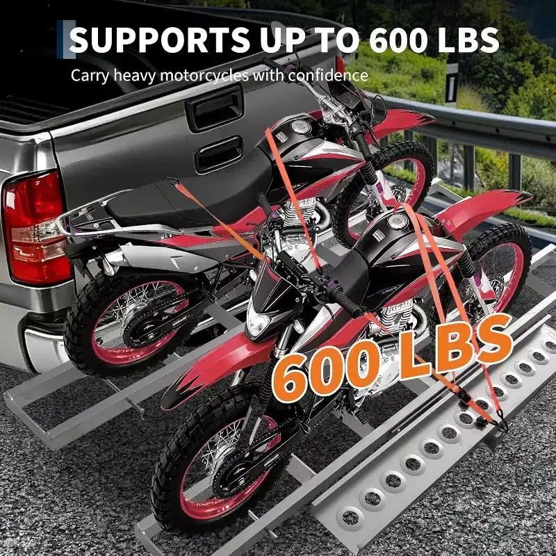 Ultra-Duty 600lbs Motorcycle Hitch Carrier Rack Arched Non-Slip Ramp, Anti-Wobble Stabilizer, Quick-Connect, Fits 2 Hitch, 8 Tie-Down Kits