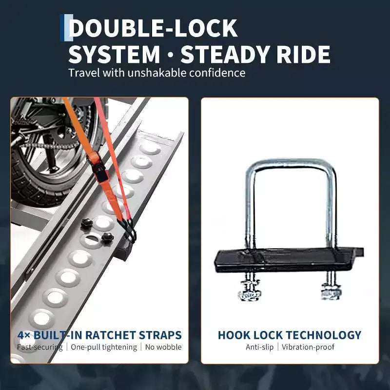 Ultra-Duty 600lbs Motorcycle Hitch Carrier Rack Arched Non-Slip Ramp, Anti-Wobble Stabilizer, Quick-Connect, Fits 2 Hitch, 8 Tie-Down Kits