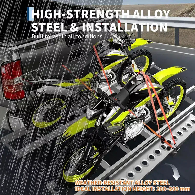 Ultra-Duty 600lbs Motorcycle Hitch Carrier Rack Arched Non-Slip Ramp, Anti-Wobble Stabilizer, Quick-Connect, Fits 2 Hitch, 8 Tie-Down Kits