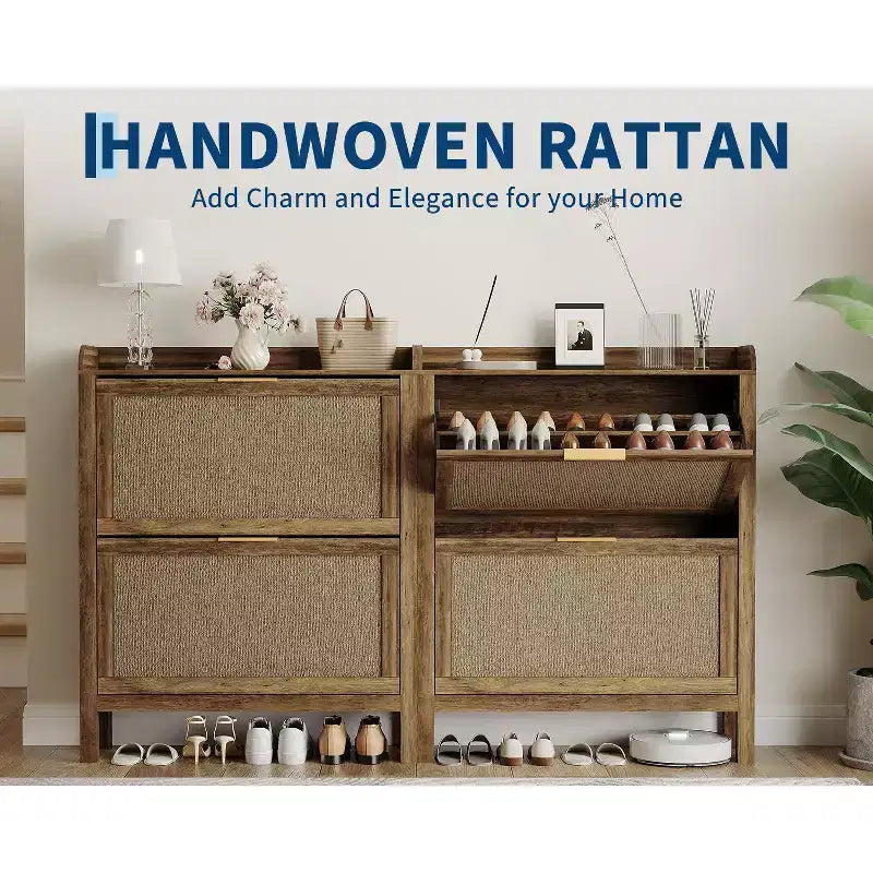 Rattan Shoe Cabinet Farmhouse, 32 Inch Narrow Shoe Storage with 2 Flip-Down Drawers, Freestanding Entryway Organizer with Adjustable Shelves, Brown