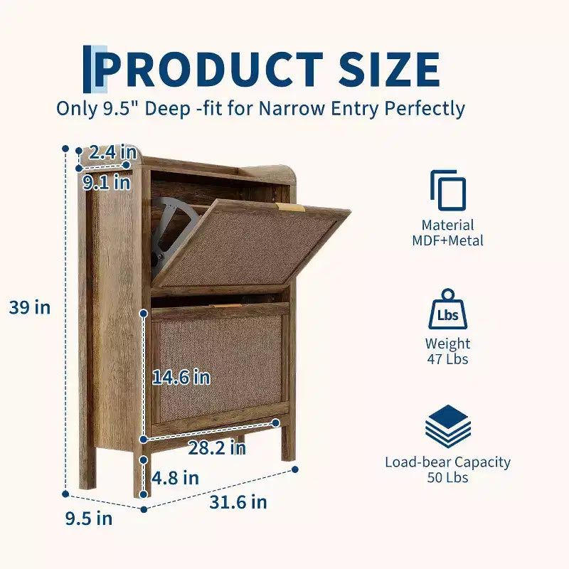 Rattan Shoe Cabinet Farmhouse, 32 Inch Narrow Shoe Storage with 2 Flip-Down Drawers, Freestanding Entryway Organizer with Adjustable Shelves, Brown