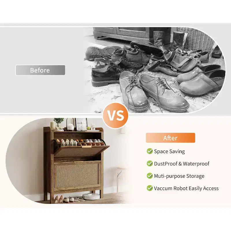 Rattan Shoe Cabinet Farmhouse, 32 Inch Narrow Shoe Storage with 2 Flip-Down Drawers, Freestanding Entryway Organizer with Adjustable Shelves, Brown