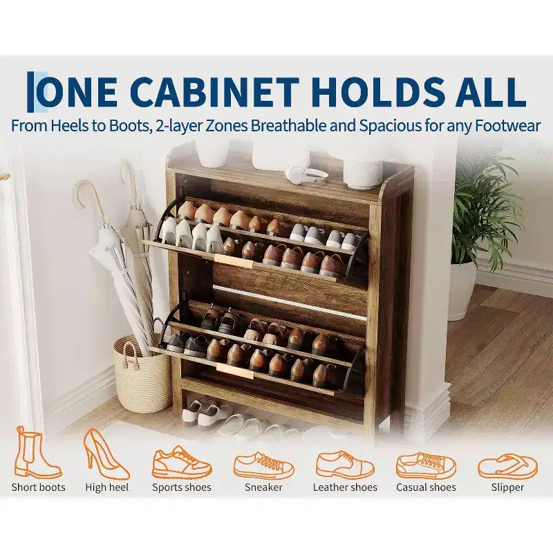 Rattan Shoe Cabinet Farmhouse, 32 Inch Narrow Shoe Storage with 2 Flip-Down Drawers, Freestanding Entryway Organizer with Adjustable Shelves, Brown