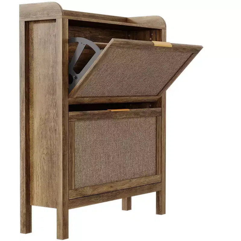Rattan Shoe Cabinet Farmhouse, 32 Inch Narrow Shoe Storage with 2 Flip-Down Drawers, Freestanding Entryway Organizer with Adjustable Shelves, Brown
